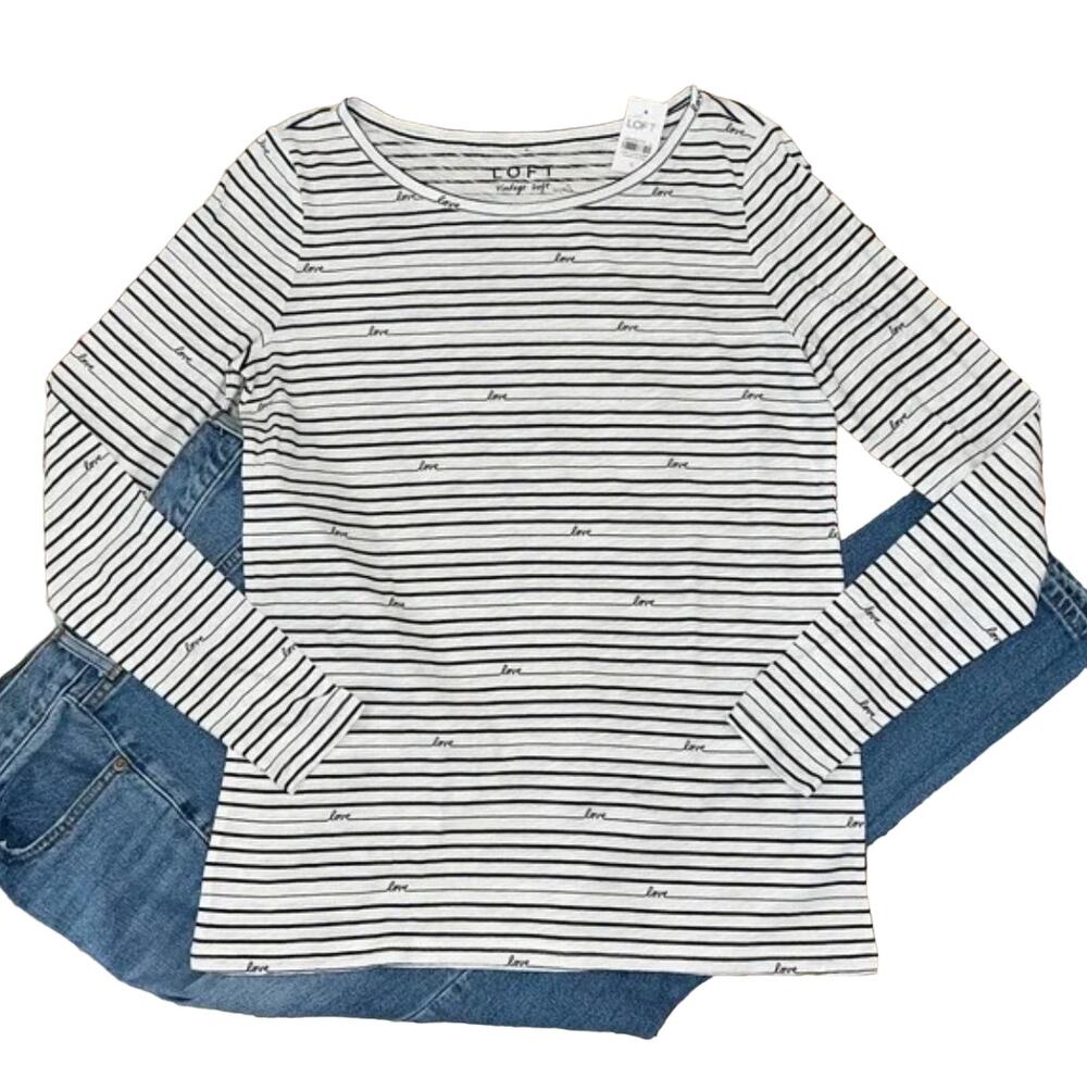 **NWT LOFT White W/Black "Love" Stripe Print Long Sleeve Vintage Cotton Tee - XS